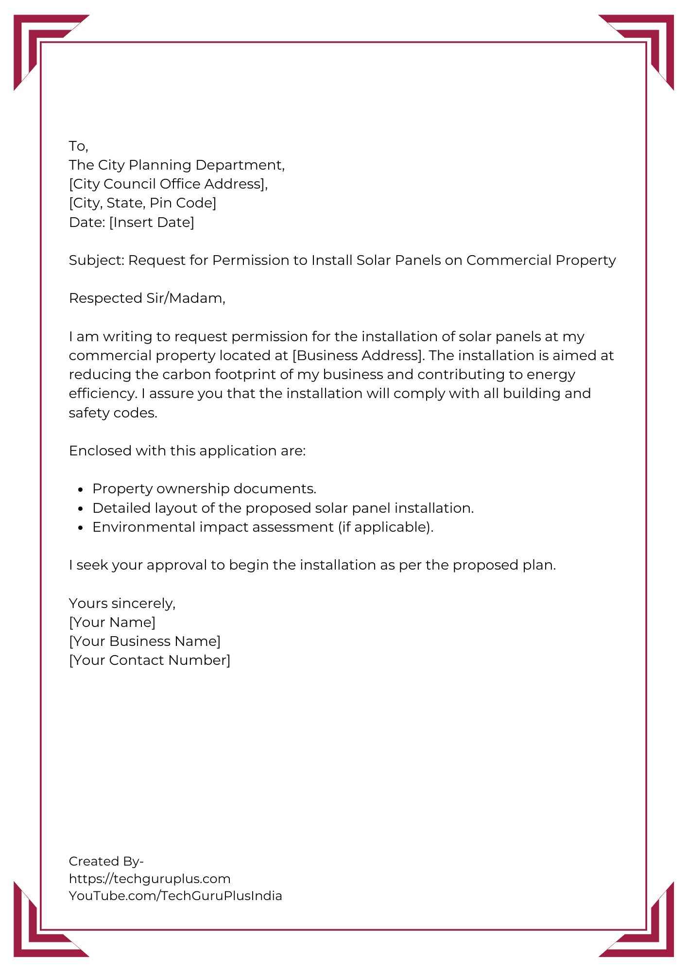 Application for Permission to Install Solar Panels in a Commercial Property