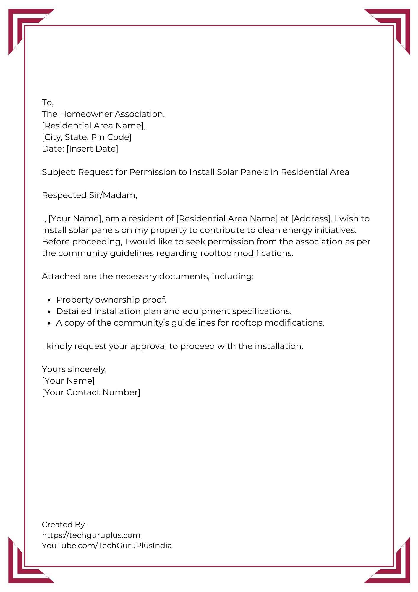 Application for Permission to Install Solar Panels in a Residential Area