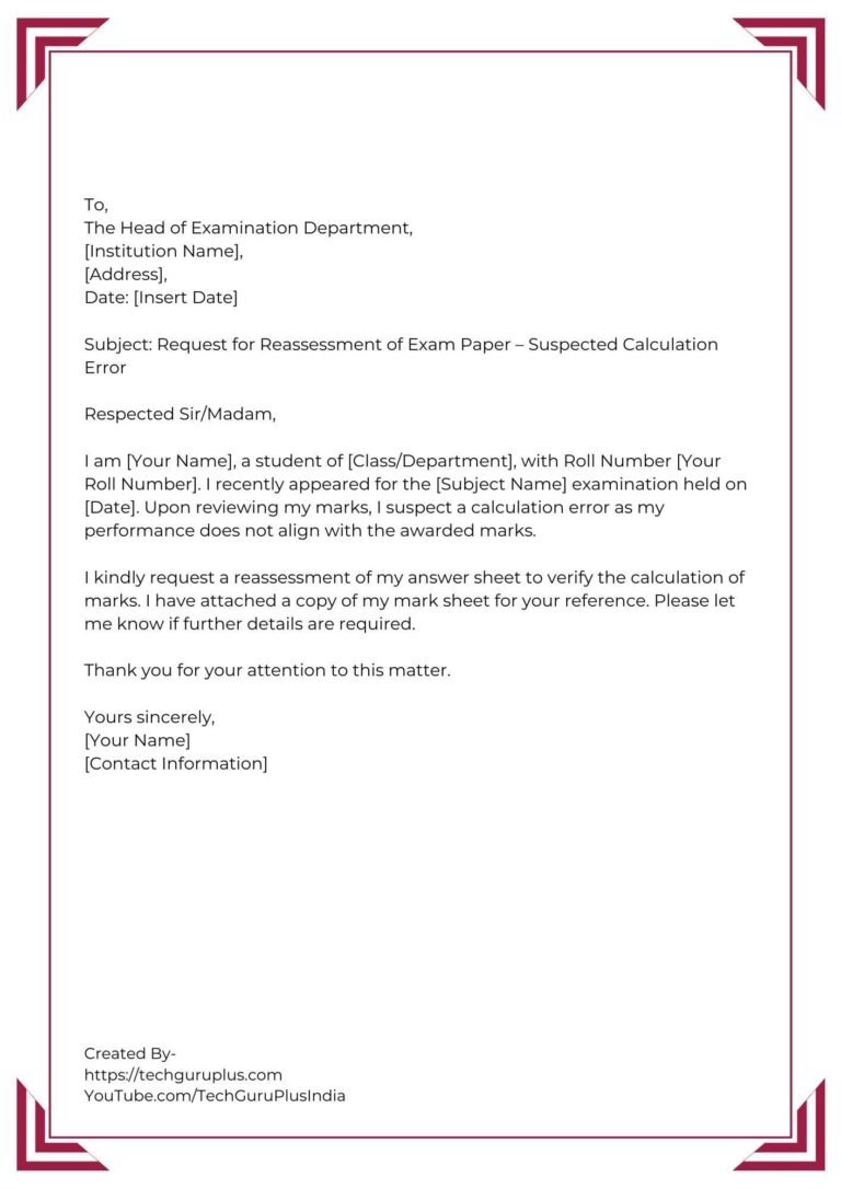Application for Reassessment of Exam Papers [5 Format]