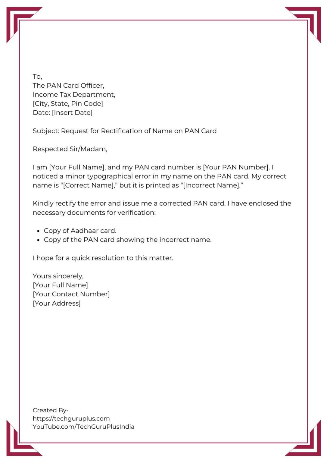 Application for Rectification of Name in PAN Card [5 Format]