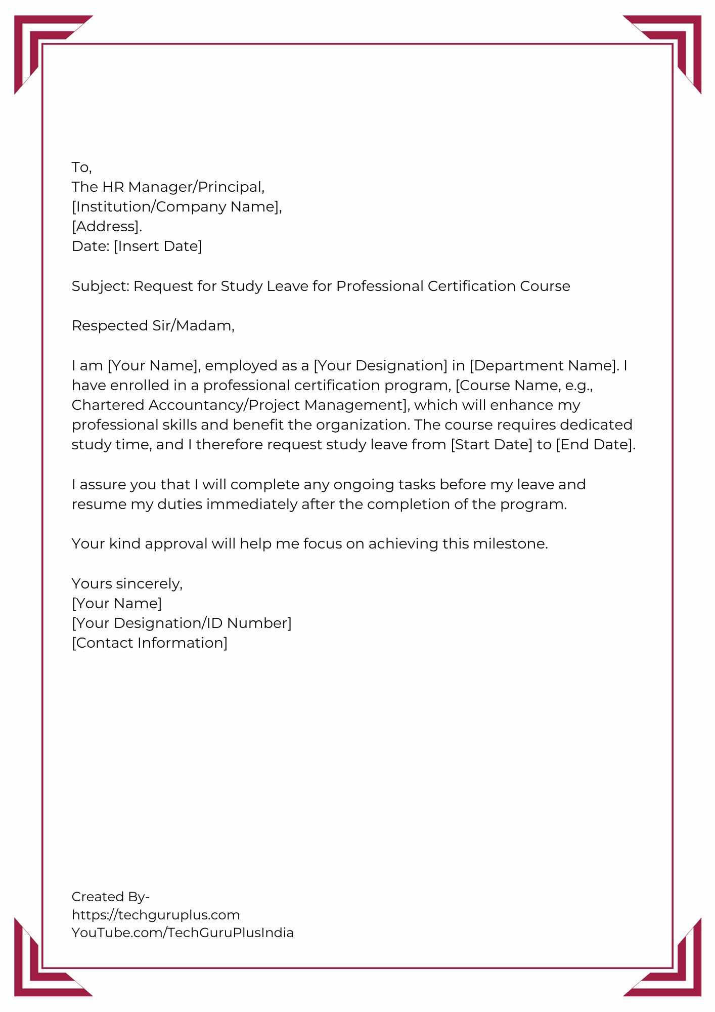 Application for Study Leave Due to Professional Certification Course