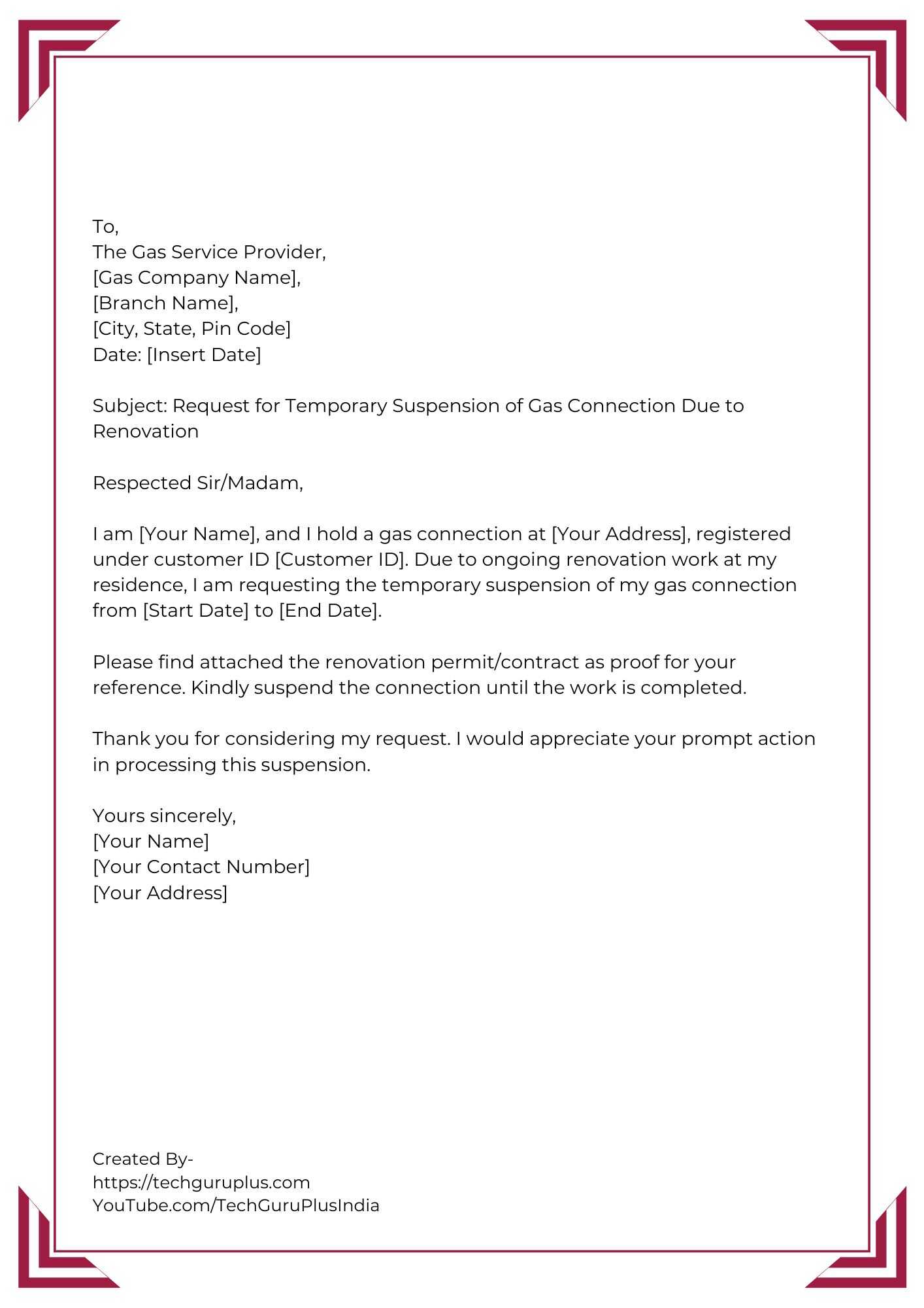 Application for Temporary Suspension of Gas Connection During Renovation