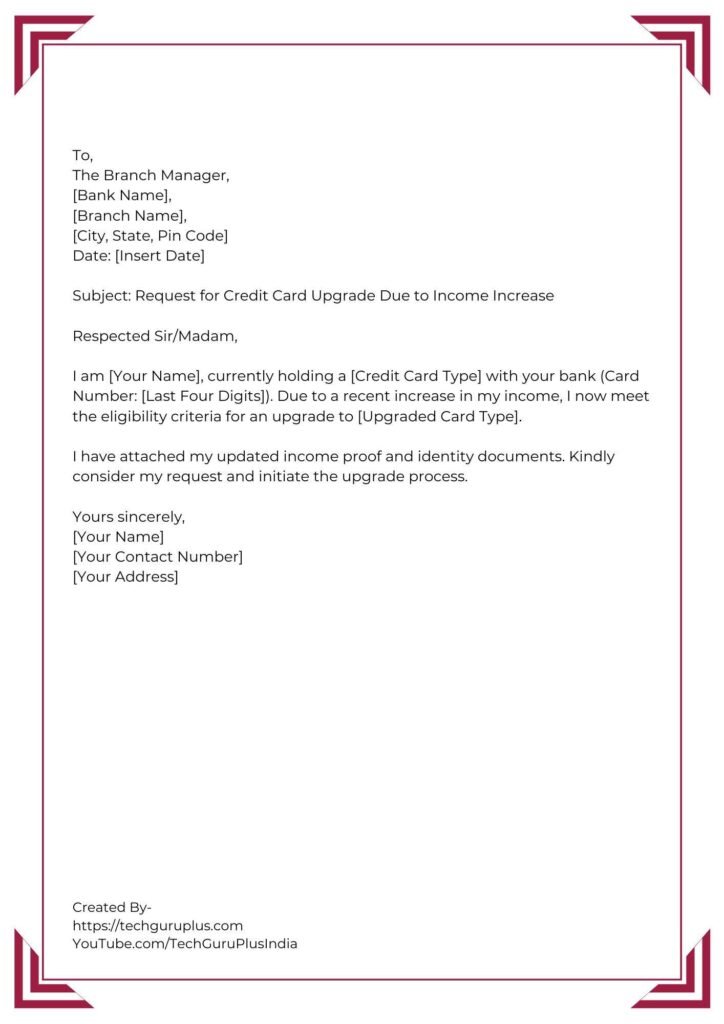 Application for Upgrading Debit/Credit Card Type [5 Format]