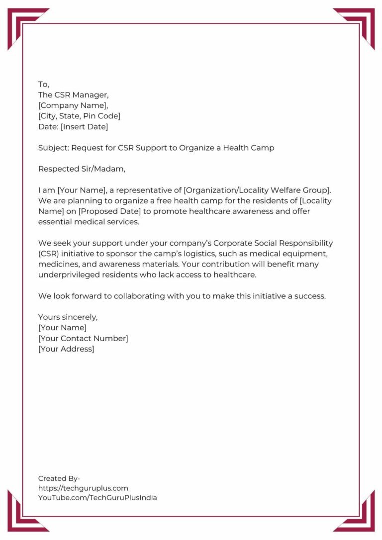 Application for Organizing a Health Camp in the Locality [5 Format]