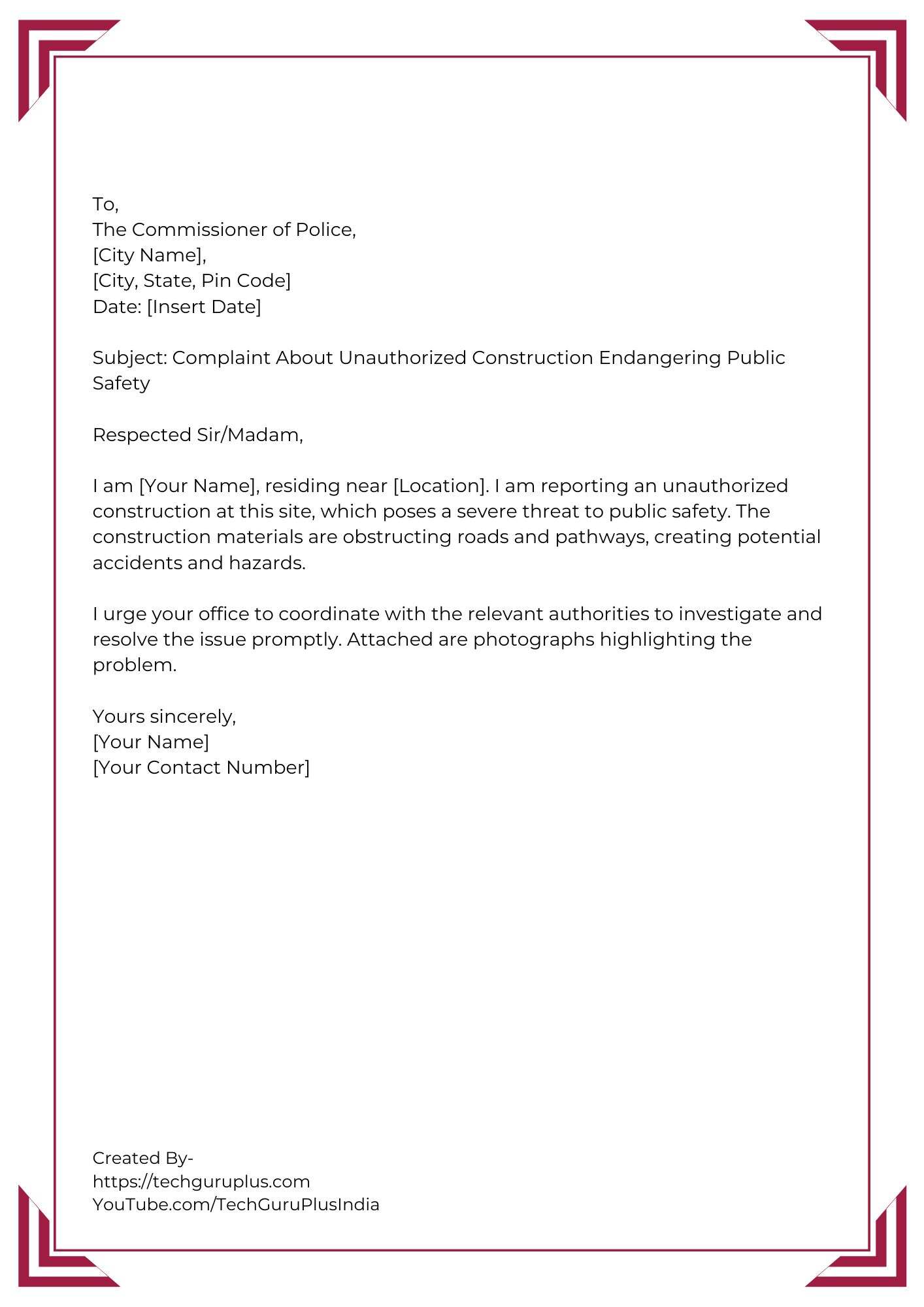 Complaint Against Unauthorized Construction Affecting Public Safety