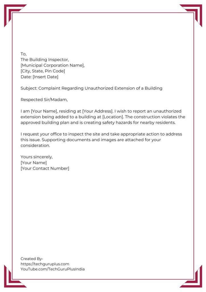 Application for Complaint Against Unauthorized Construction [5 Formats]