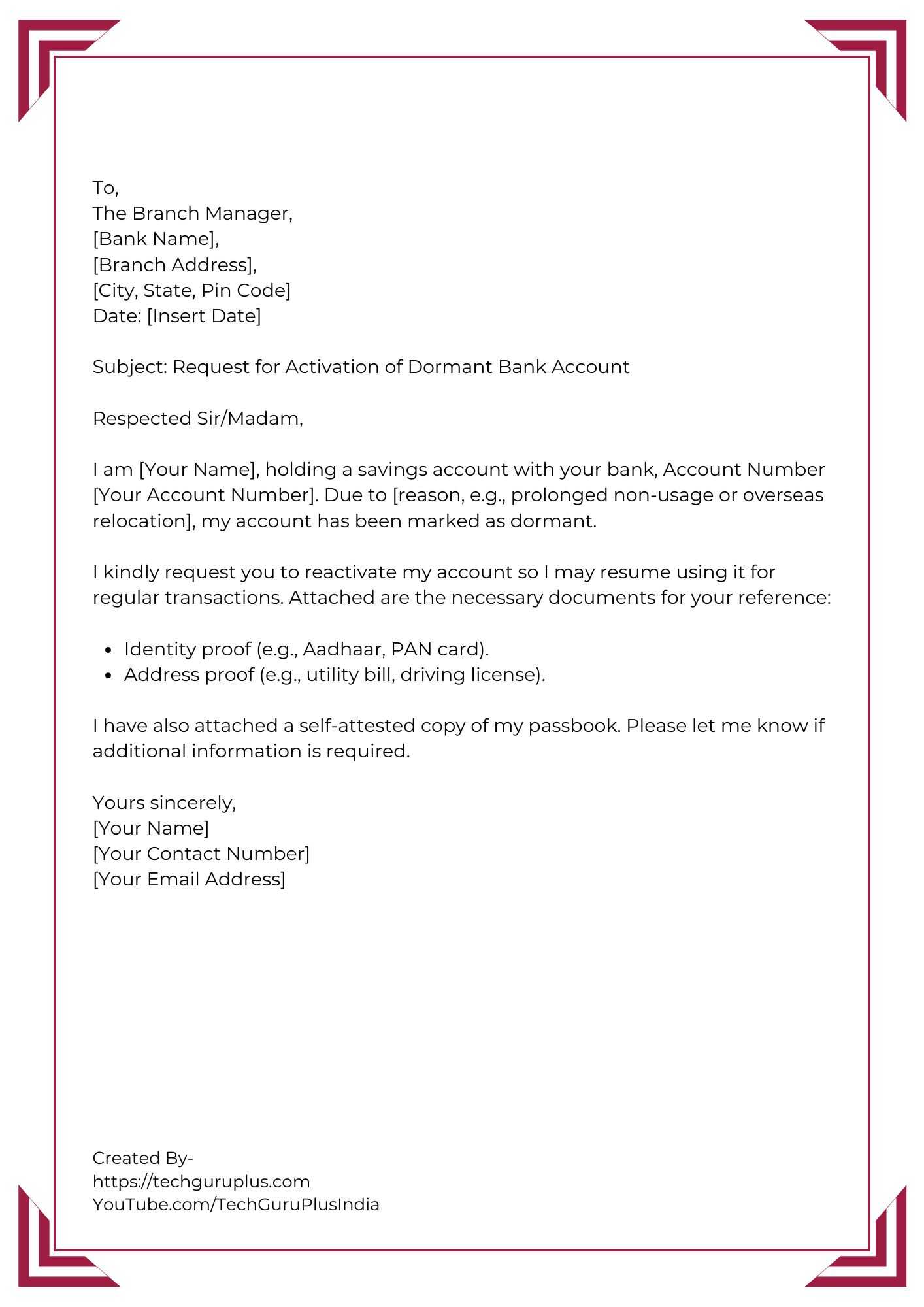 General Application for Dormant Account Activation