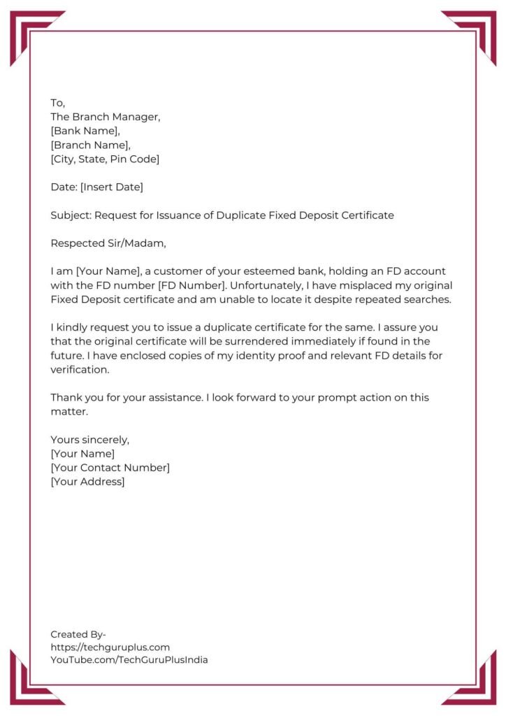 Application for Issuance of Duplicate Fixed Deposit Certificate[5 Format]