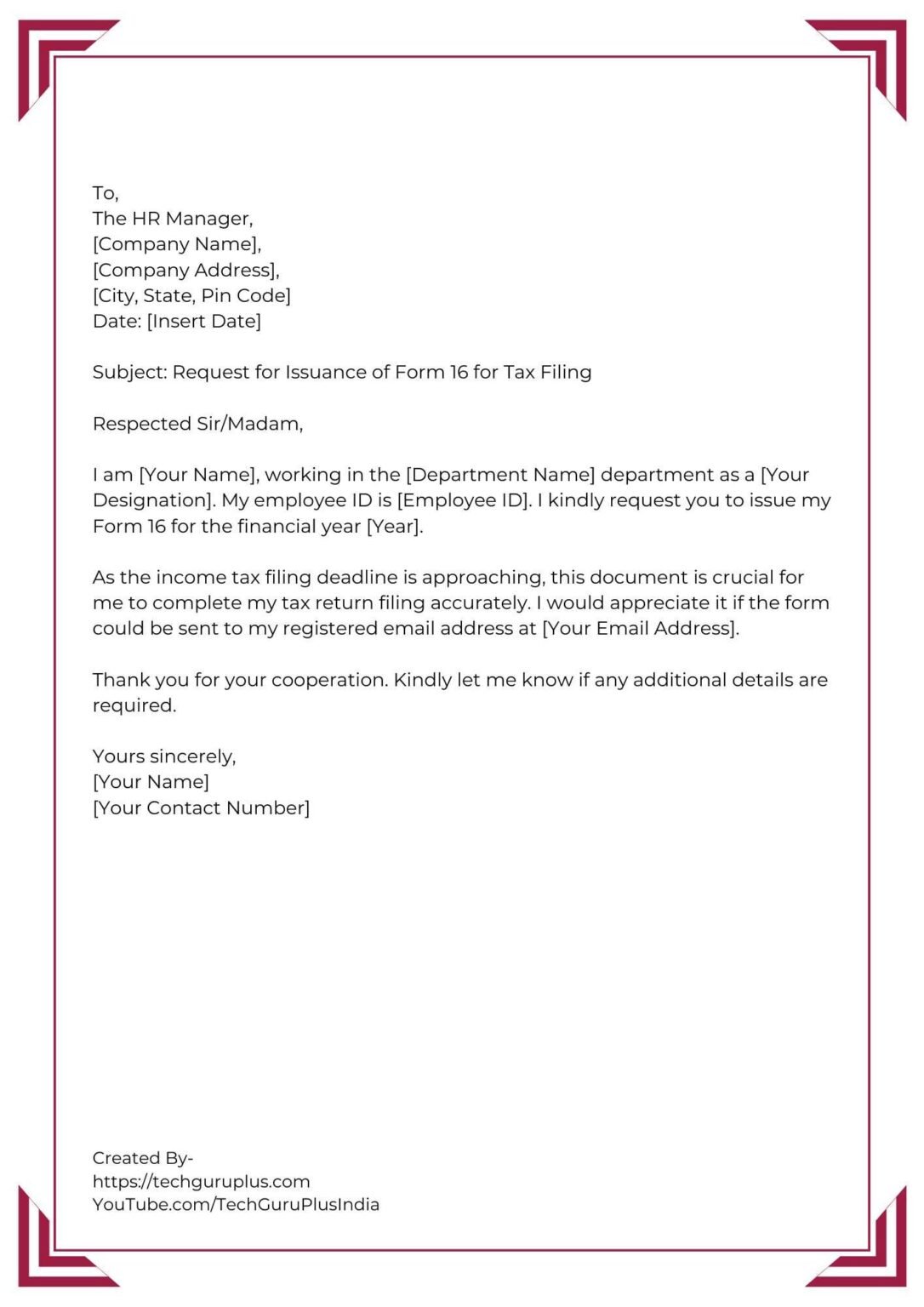 Application for Issuance of Form 16 for Tax Filing [5 Format]