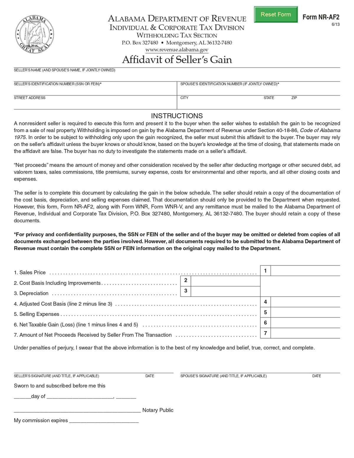 Free Alabama Affidavit of Seller’s Gain Download in PDF