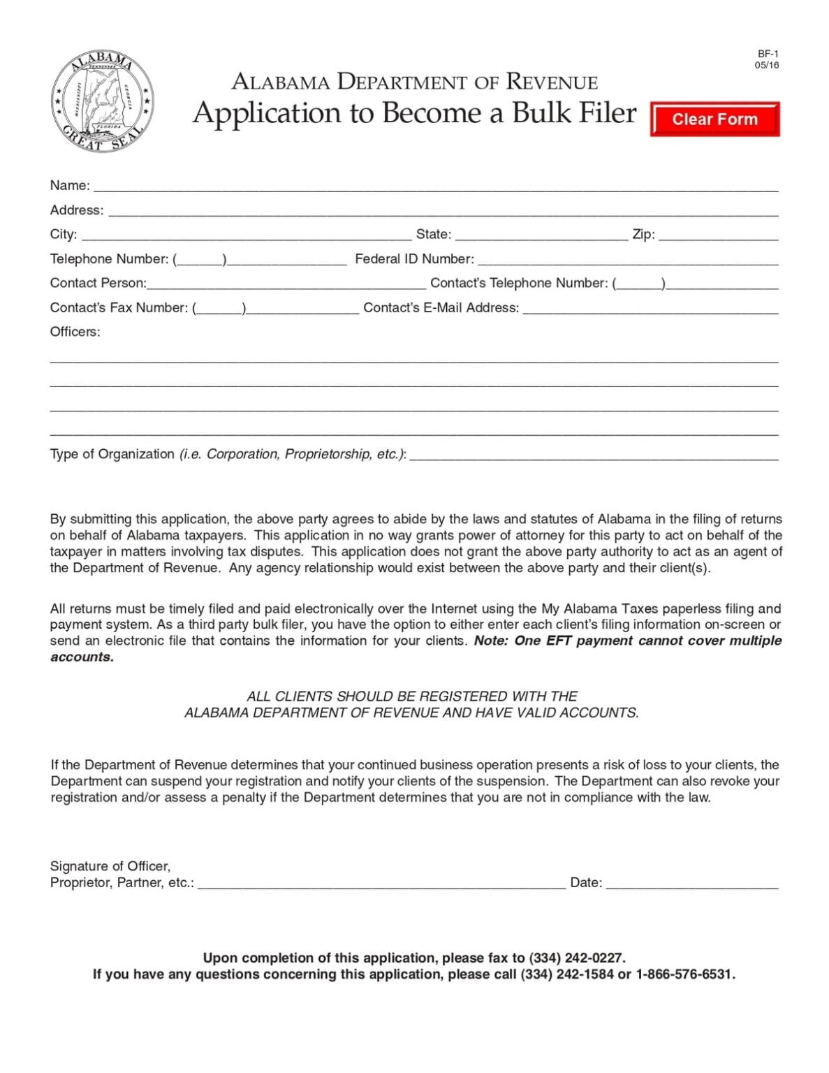 Alabama Application to Become a Bulk Filer Form BF-1 Download in PDF