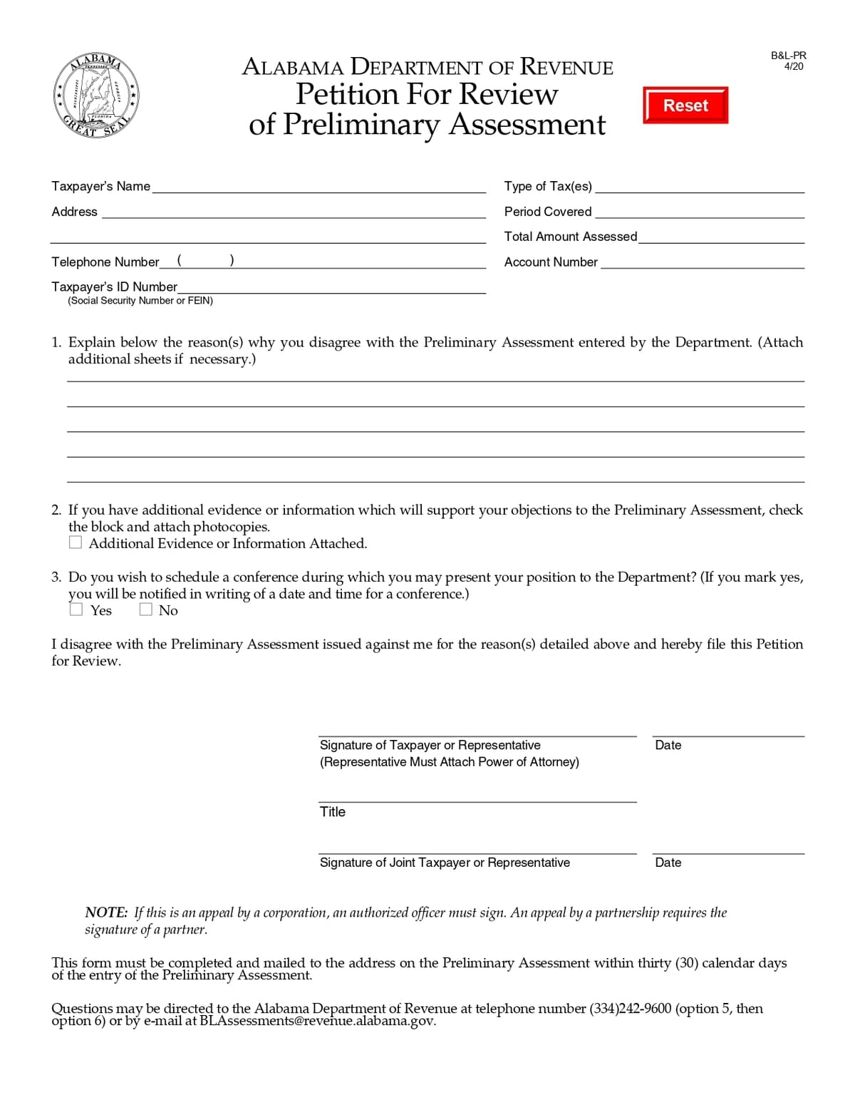 Alabama B&L Petition of Preliminary Assessment Form Download in PDF