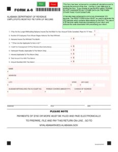 Alabama Employer's Monthly Return of Income Tax Withheld A-6 Form Download in PDF