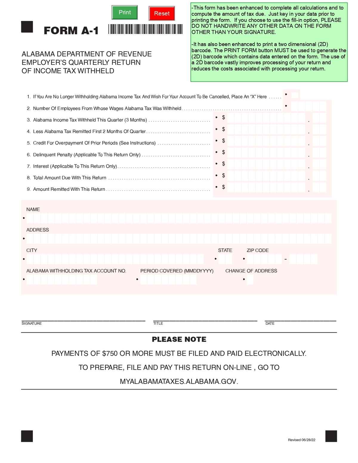 Alabama Employer's Quarterly Return of Income Tax Withheld A-1 Form