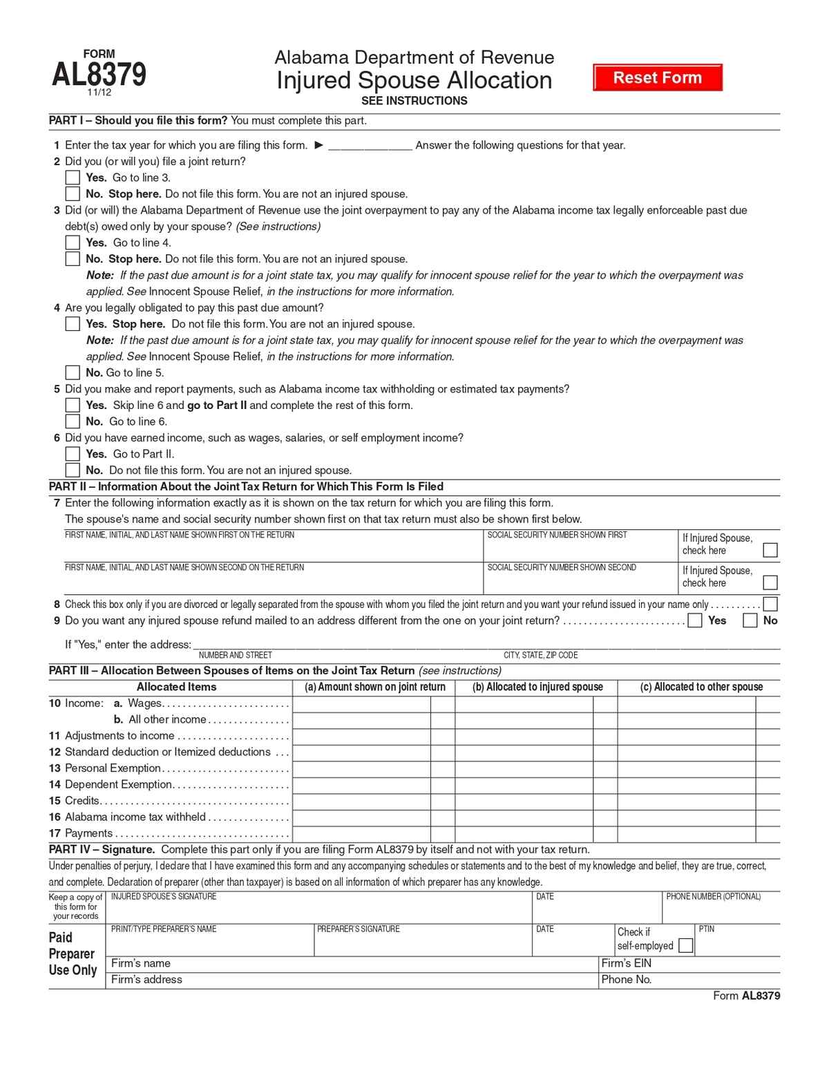 Alabama Injured Spouse Allocation Form Download in PDF