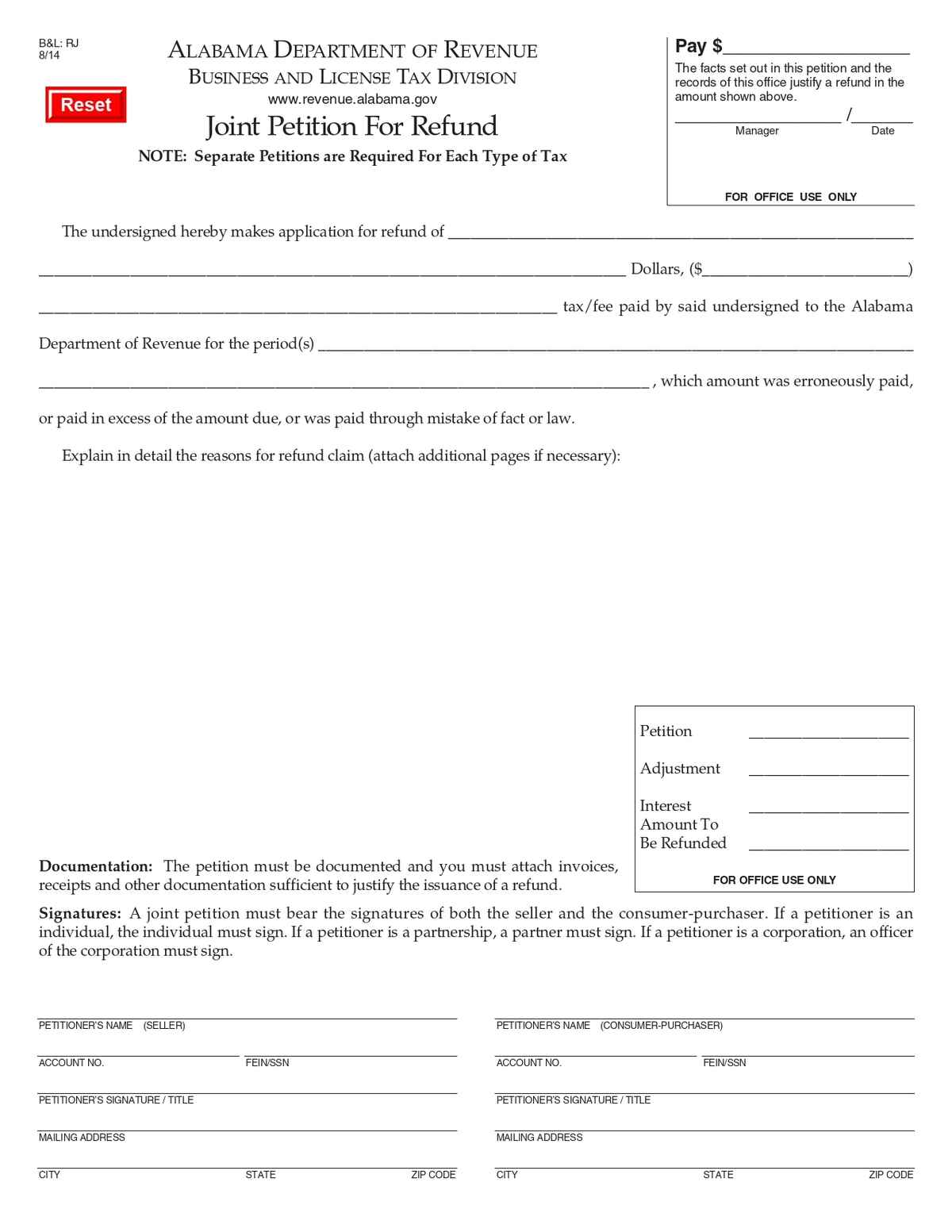 Alabama Joint Petition for Refund Form Download in PDF