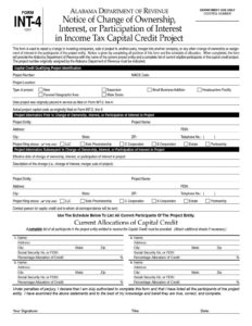 Alabama Notice of Change of Ownership, Interest, or Participation in Income Tax Capital Credit Project Form INT-4 Download in PDF