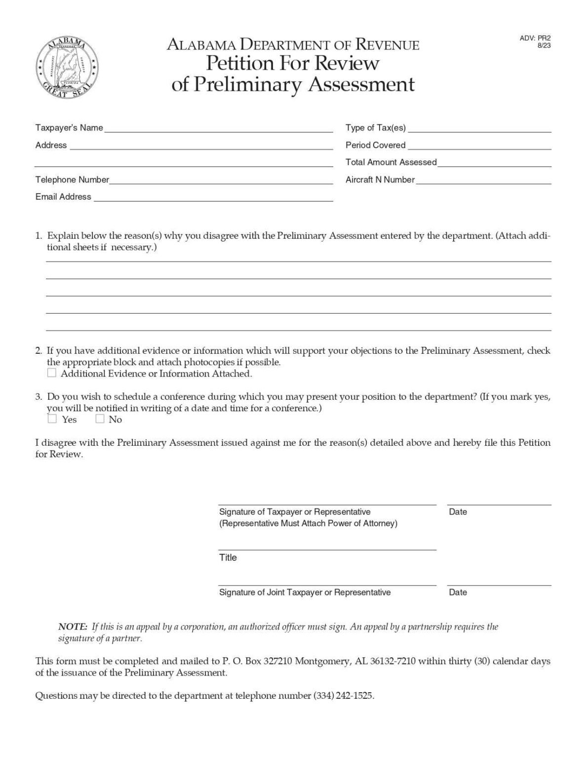 Adv Form Template.pdf Alabama Petition for Review of Preliminary Assessment ADV-PR2 Form ...