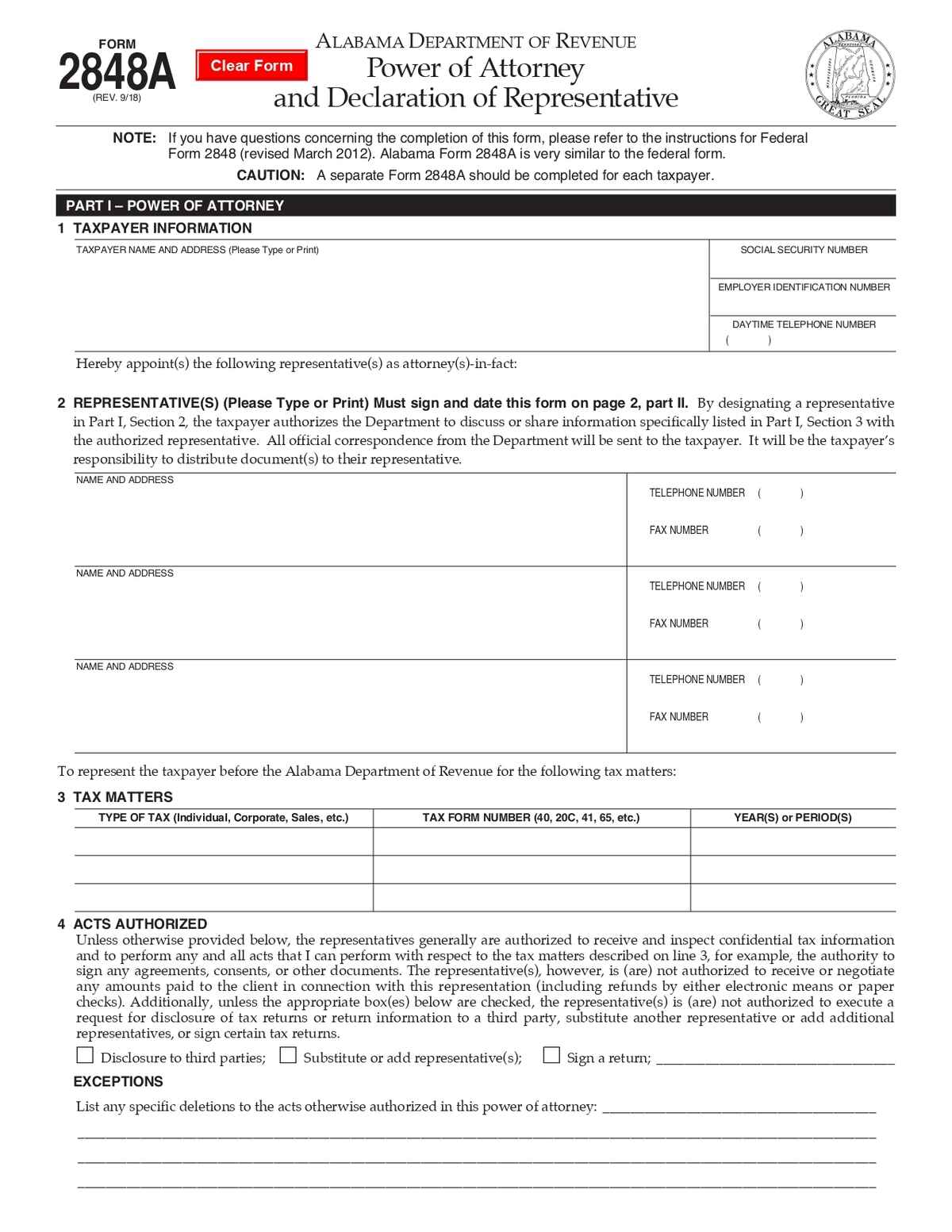 Alabama Power of Attorney and Declaration of Representative Form Download in PDF