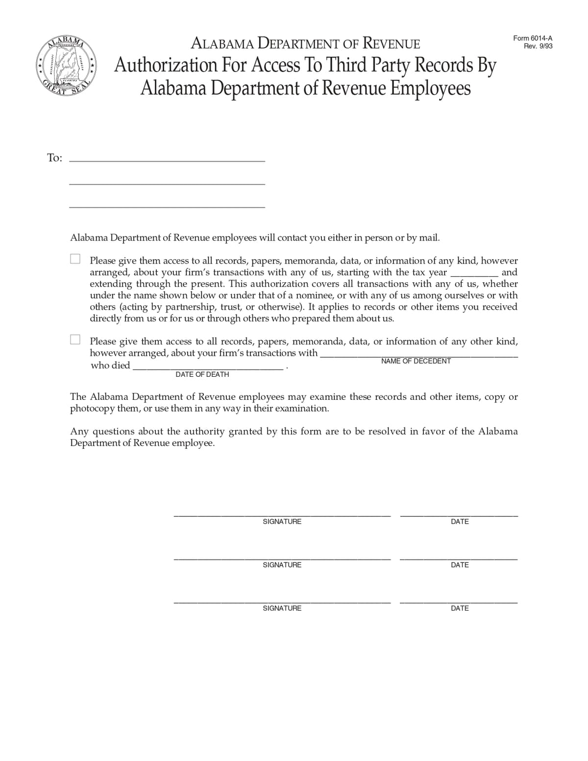 Authorization For Access To Third Party Records By Alabama Form Download in PDF