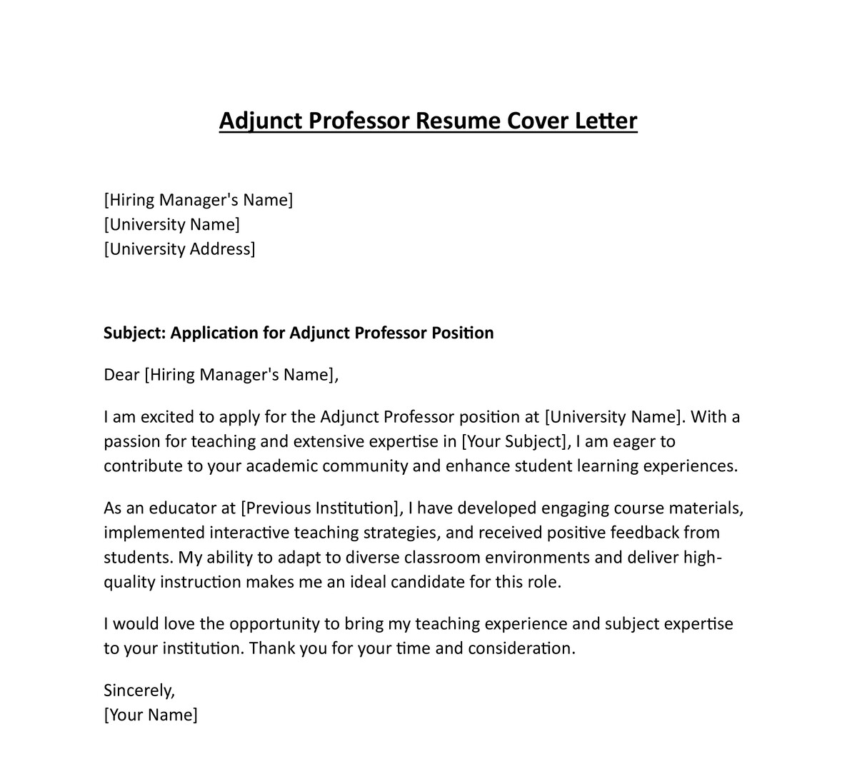 Adjunct Professor Resume Cover Letter