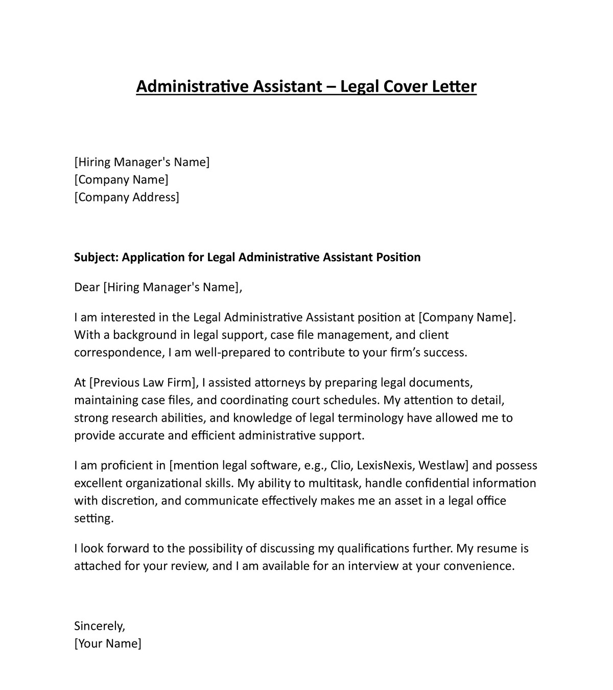 Administrative Assistant Legal Cover Letter