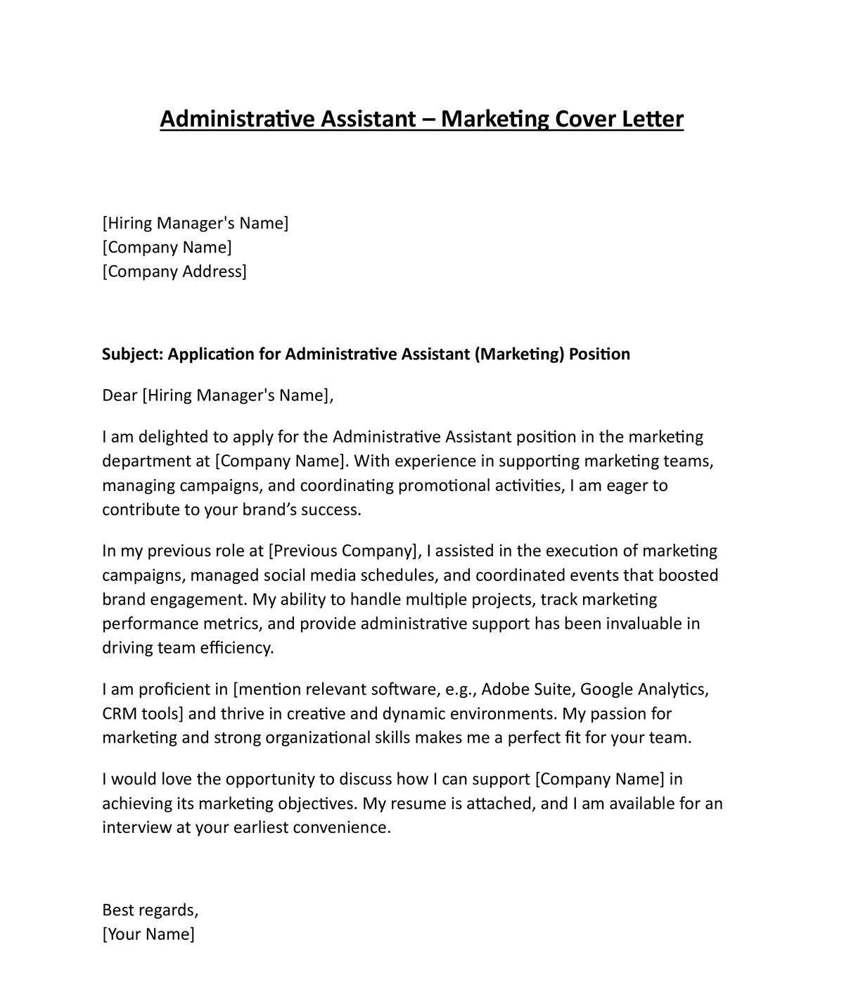 Administrative Assistant Marketing Cover Letter