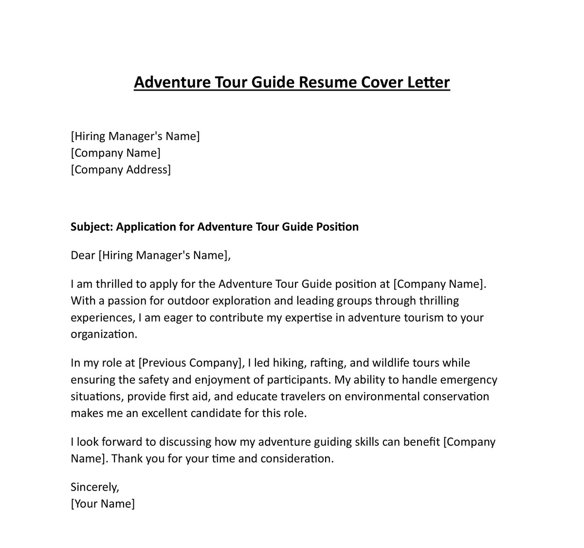 Adventure Tour Guide Resume Cover Letter