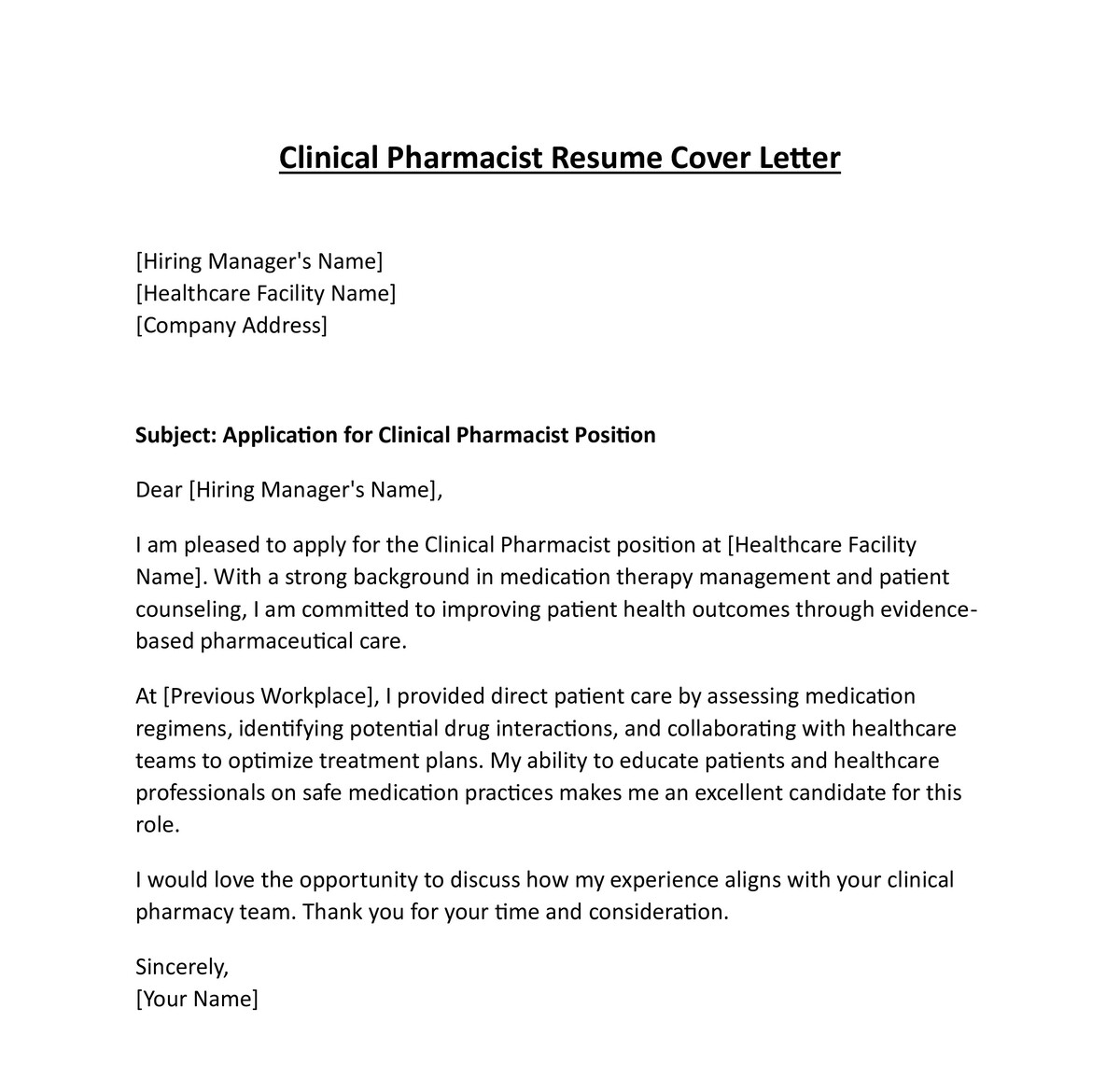 Clinical Pharmacist Resume Cover Letter