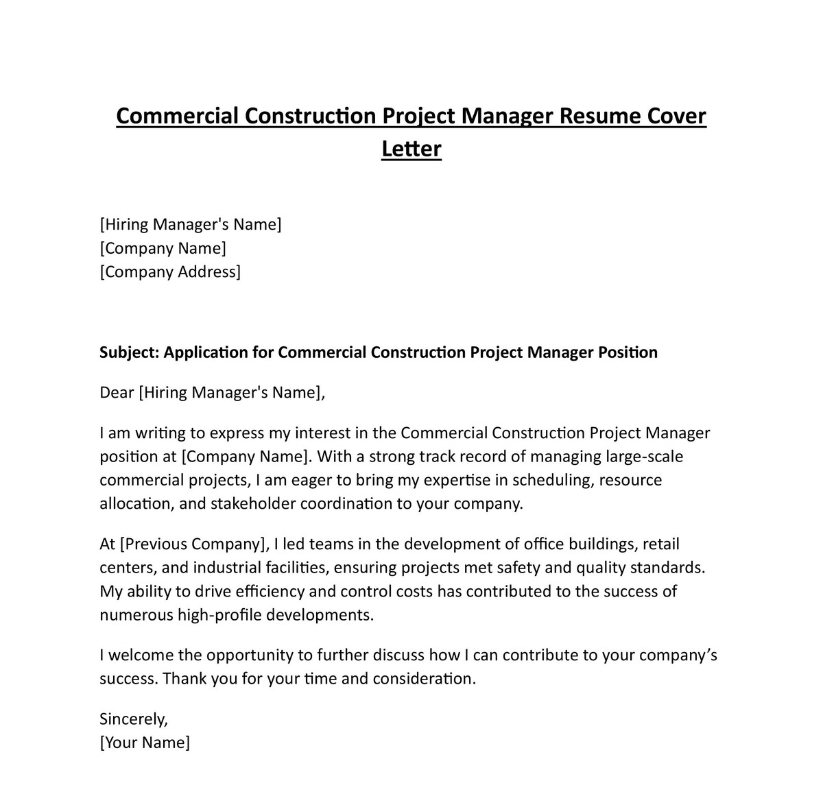 Commercial Construction Project Manager Resume Cover Letter