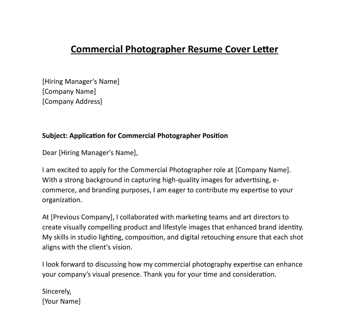 Commercial Photographer Resume Cover Letter