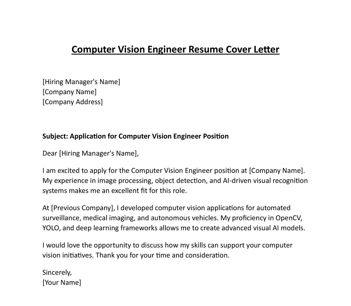 Computer Vision Engineer Resume Cover Letter