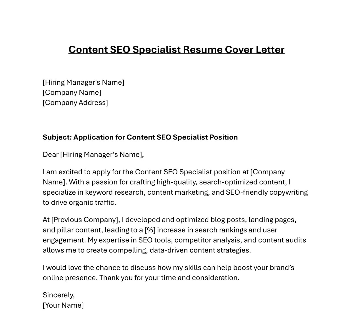 Content SEO Specialist Resume Cover Letter