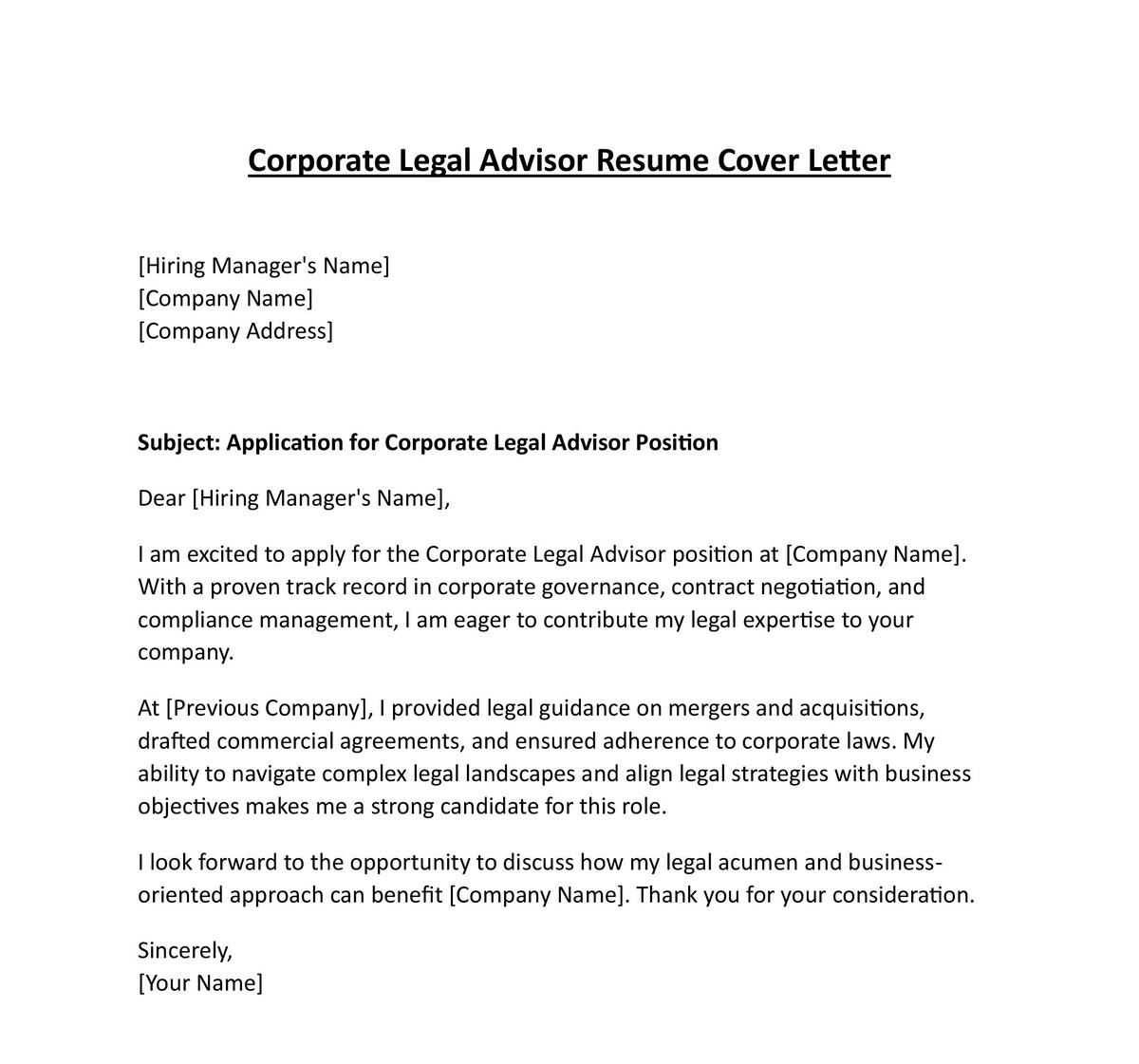 Corporate Legal Advisor Resume Cover Letter