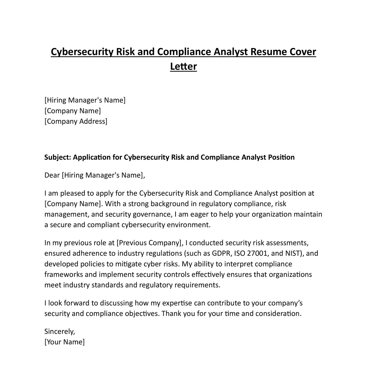 Cybersecurity Risk and Compliance Analyst Cover Letter