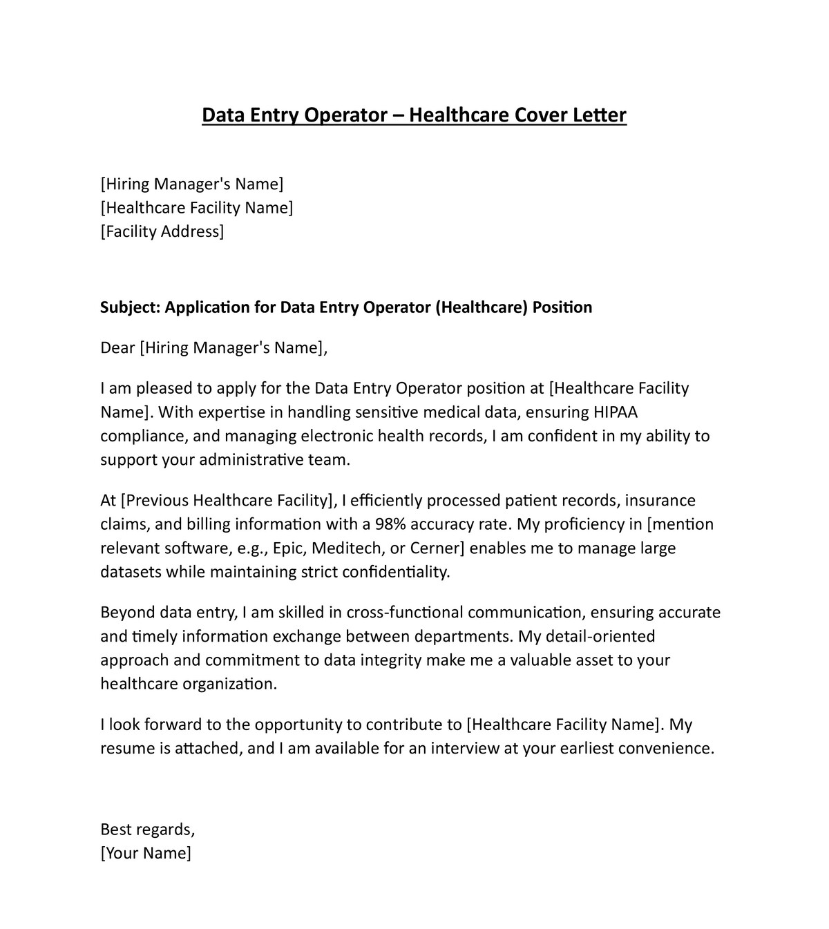 Data Entry Operator – Healthcare Cover Letter