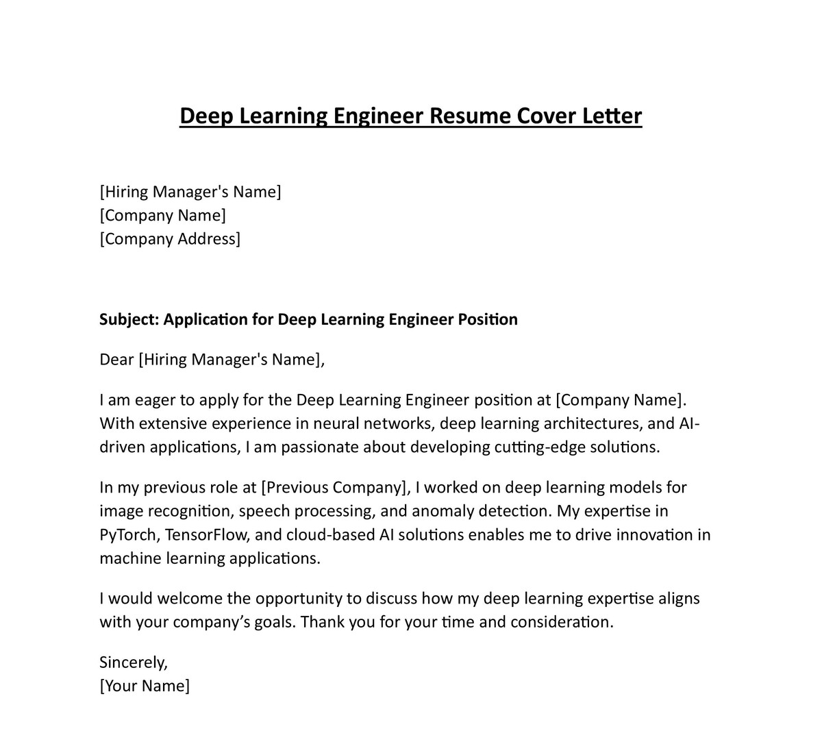 Deep Learning Engineer Resume Cover Letter