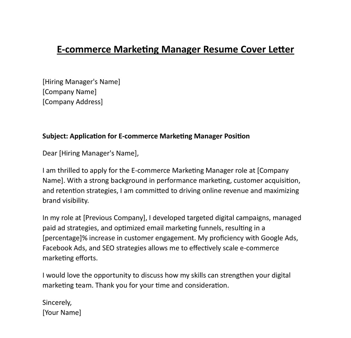 E-commerce Marketing Manager Resume Cover Letter