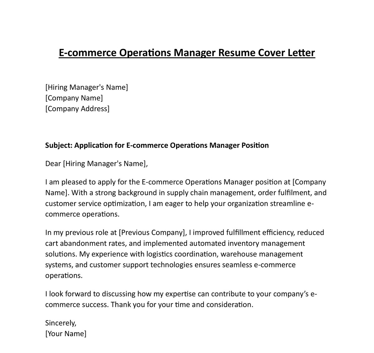 E-commerce Operations Manager Resume Cover Letter