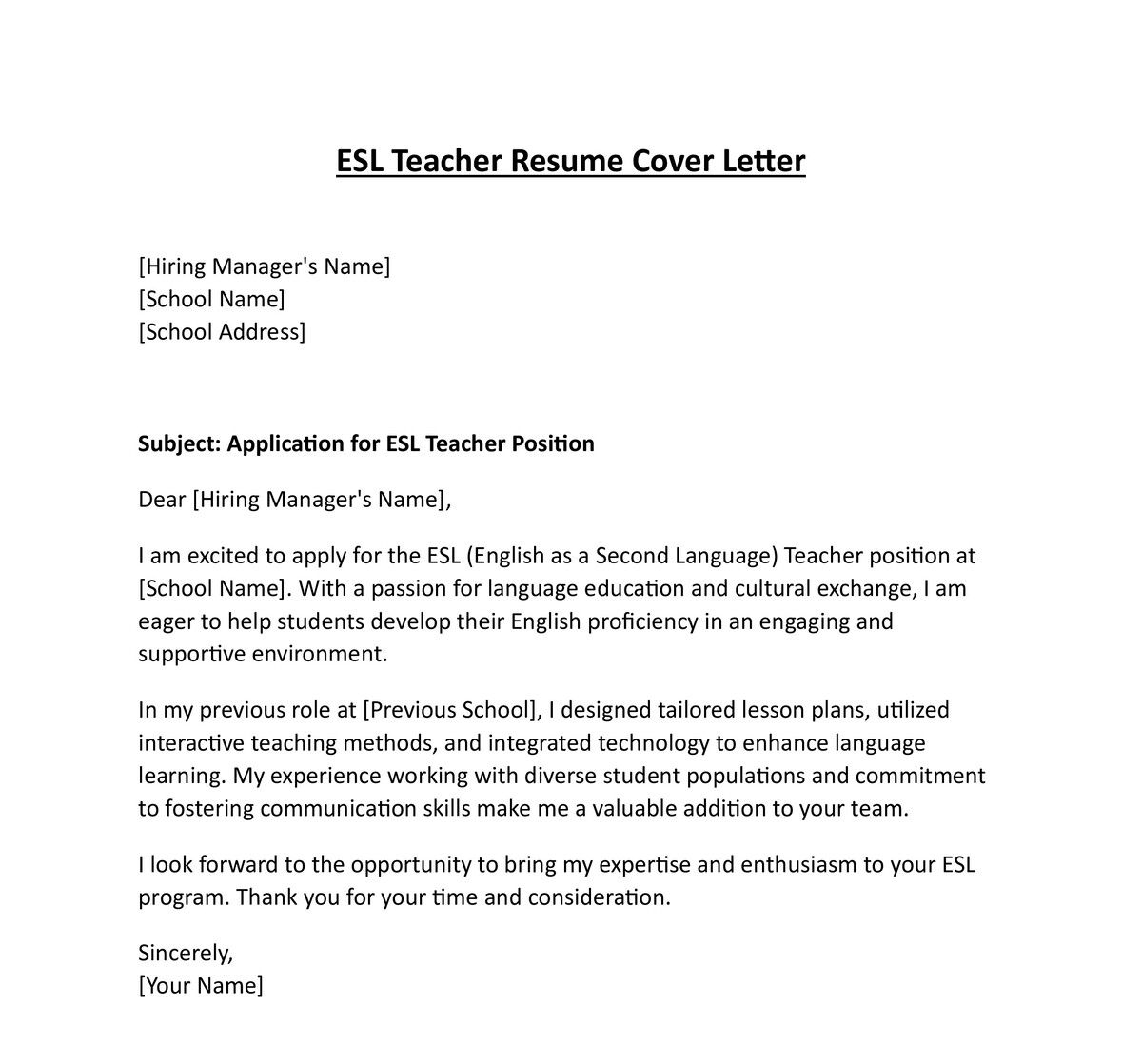 ESL Teacher Resume Cover Letter