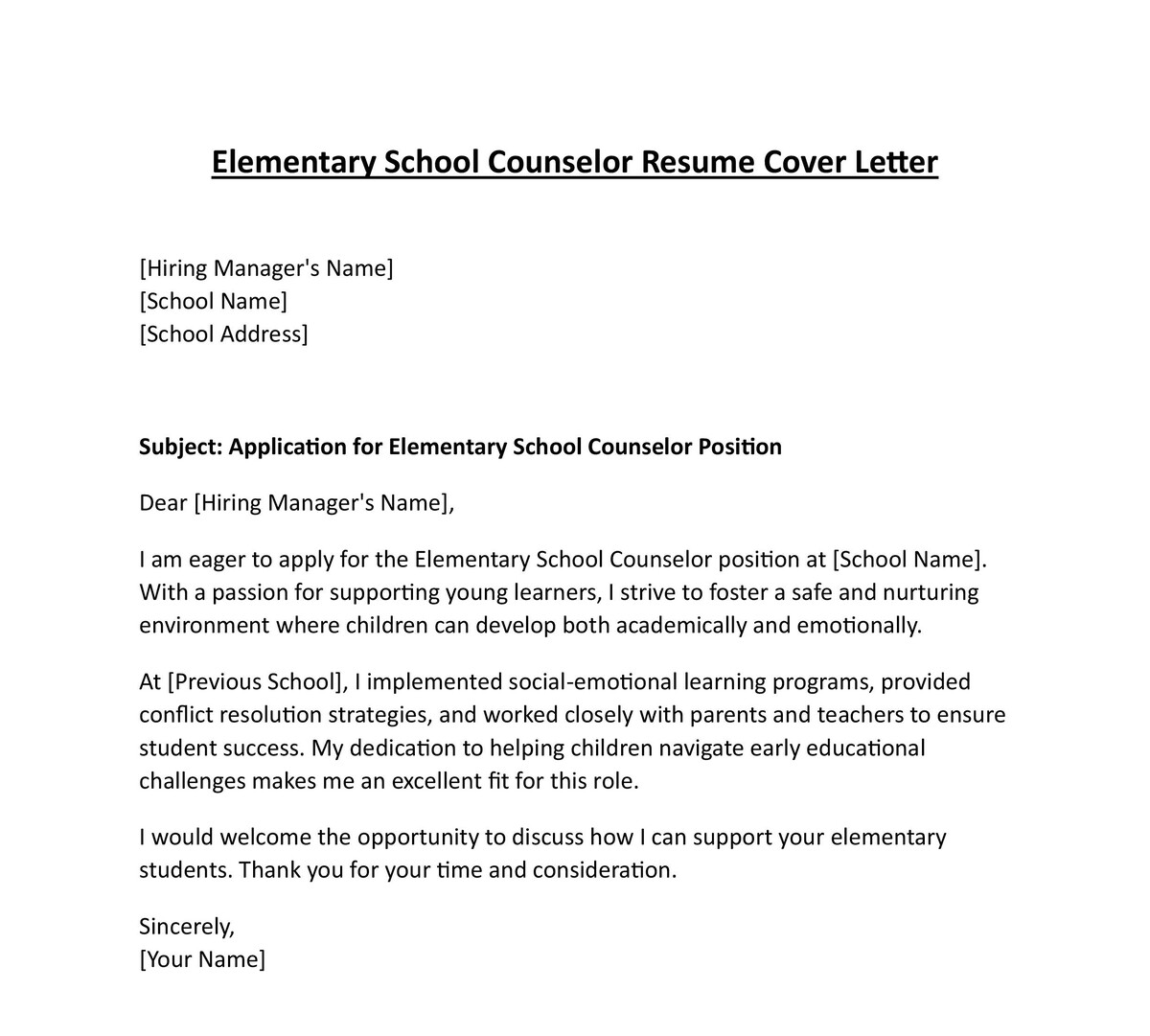 Elementary School Counselor Resume Cover Letter