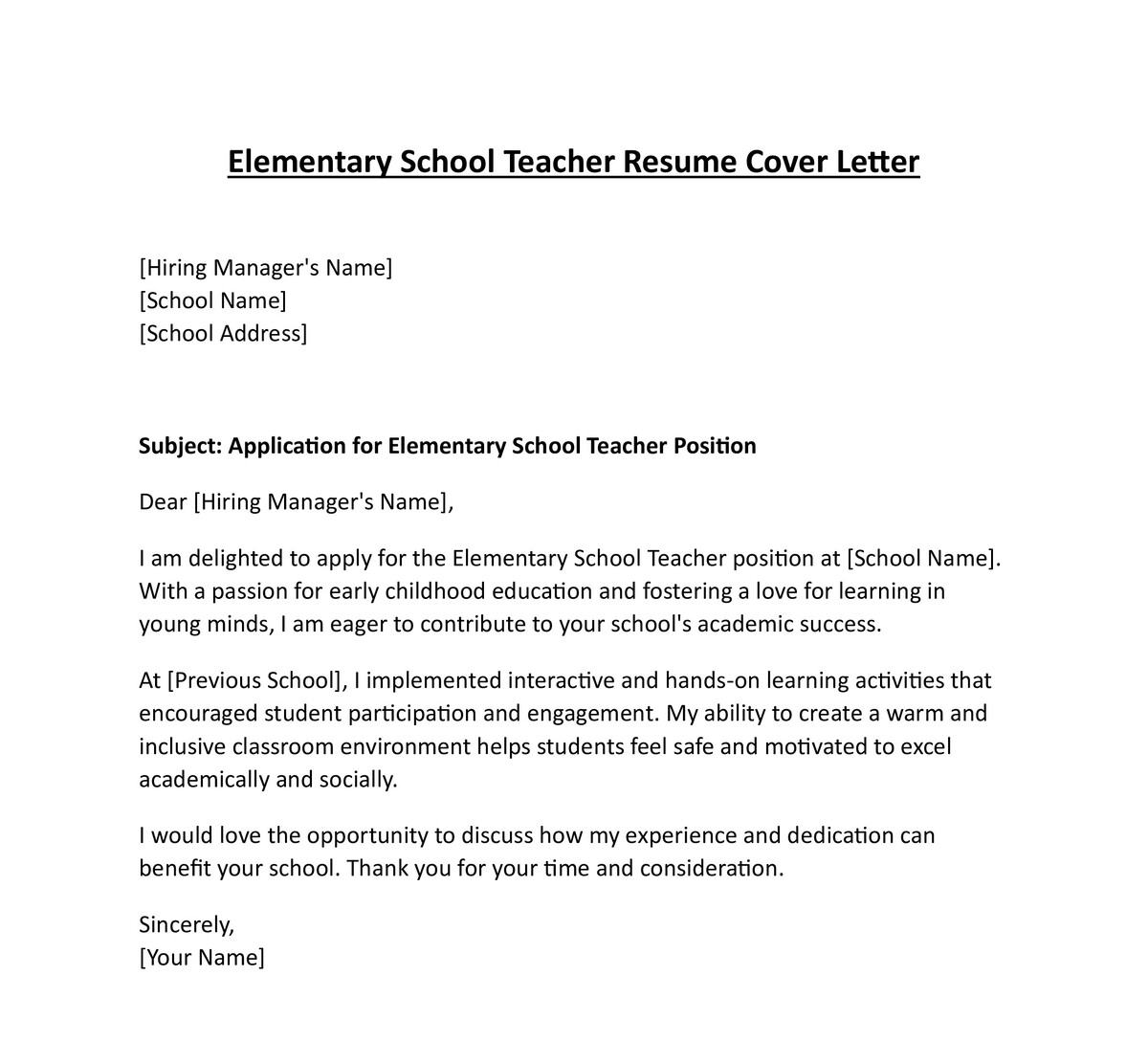 Elementary School Teacher Resume Cover Letter