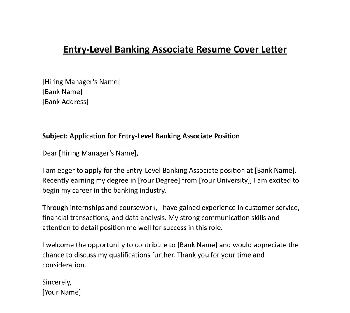 Entry-Level Banking Associate Resume Cover Letter