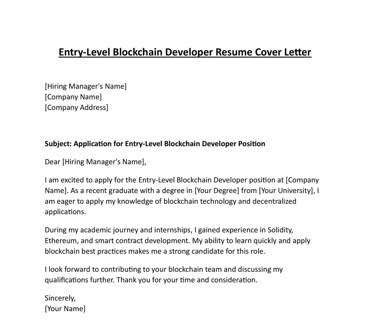 Entry-Level Blockchain Developer Resume Cover Letter