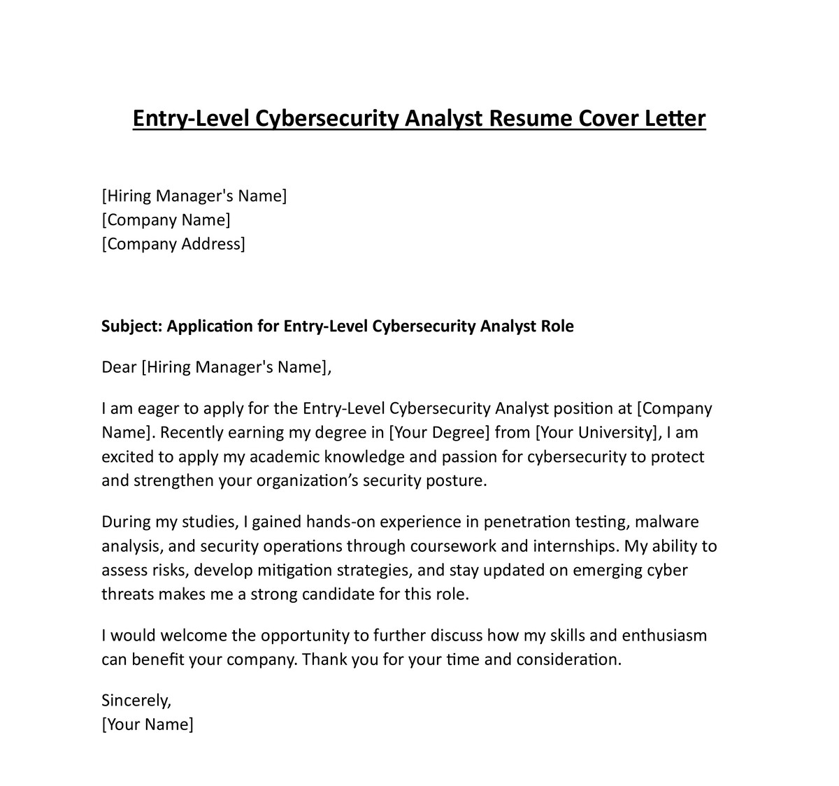 Entry-Level Cybersecurity Analyst Cover Letter