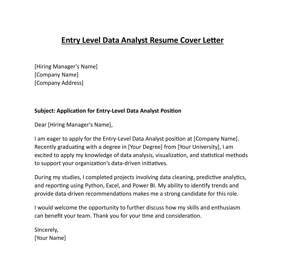 Entry Level Data Analyst Resume Cover Letter