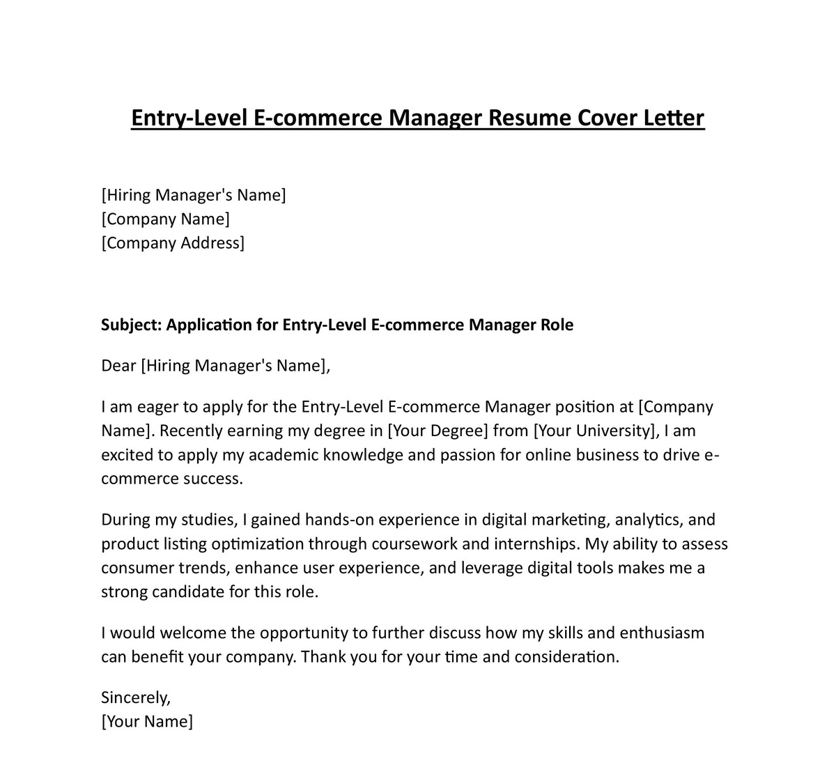 Entry-Level E-commerce Manager Resume Cover Letter