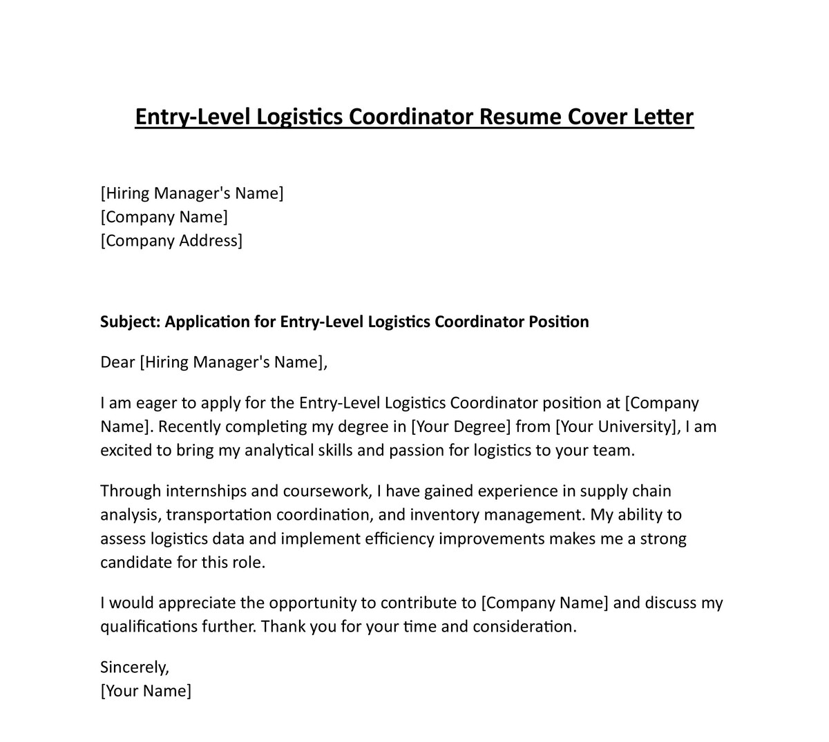 Entry-Level Logistics Coordinator Resume Cover Letter