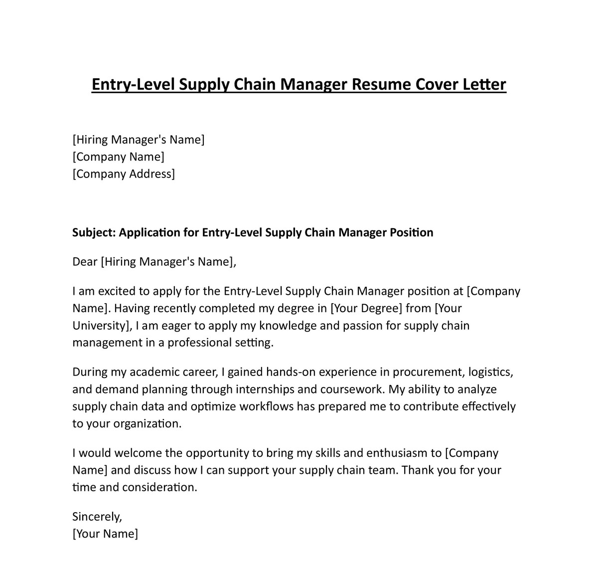 Entry-Level Supply Chain Manager Resume Cover Letter