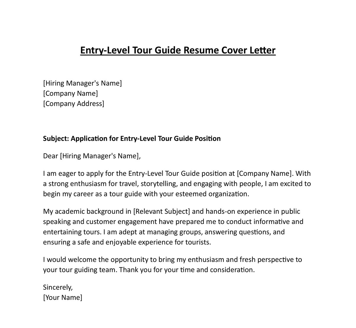 Entry-Level Tour Guide Resume Cover Letter